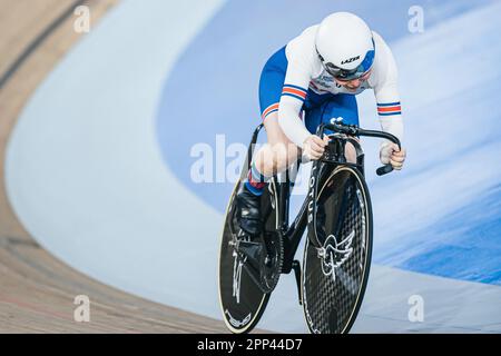 Ontario, Kanada. 21. April 2023. Foto von Alex Whitehead/SWpix.com - 21/04/2023 - Radfahren - Tissot UCI Track Nations Cup, Runde 3: Milton - Mattamy National Cycling Centre, Ontario, Kanada - Qualifizierung der Frauenmannschaft Sprint - Britische Blaine Ridge-Davis Credit: SWpix/Alamy Live News Stockfoto