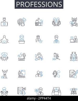 Symbolsammlung für Berufe. Karrieren, Berufe, Arbeitskräfte, Handwerker, Jobs, Beschäftigungsvektor und lineare Darstellung Stock Vektor