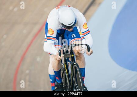 Ontario, Kanada. 21. April 2023. Foto von Alex Whitehead/SWpix.com - 21/04/2023 - Radfahren - Tissot UCI Track Nations Cup, Runde 3: Milton - Mattamy National Cycling Centre, Ontario, Kanada - Qualifizierung der Mannschaft Sprint - Großbritannien Hayden Norris Credit: SWpix/Alamy Live News Stockfoto