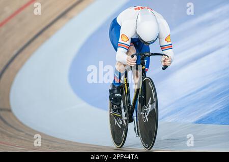 Ontario, Kanada. 21. April 2023. Foto von Alex Whitehead/SWpix.com - 21/04/2023 - Radfahren - Tissot UCI Track Nations Cup, Runde 3: Milton - Mattamy National Cycling Centre, Ontario, Kanada - Qualifizierung der Mannschaft Männer Sprint - Großbritannien Harry Ledingham-Horn Credit: SWpix/Alamy Live News Stockfoto