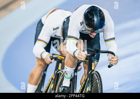 Ontario, Kanada. 21. April 2023. Bild von Alex Whitehead/SWpix.com - 21/04/2023 - Radfahren - Tissot UCI Track Nations Cup, Runde 3: Milton - Mattamy National Cycling Centre, Ontario, Kanada - Qualifizierung des Men's Team Sprint - Matthew Richardson, Matthew Glaetzer Credit: SWpix/Alamy Live News Stockfoto