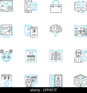 Lineare Symbole für Webwerbung. Banner, Click-Through, Content, Conversion, CPC (Cost-per-Click), CPM (Cost-per-Mille, Kosten pro Mille), Linienvektor anzeigen und Stock Vektor