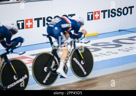 Ontario, Kanada. 21. April 2023. Foto von Alex Whitehead/SWpix.com - 21/04/2023 - Radfahren - Tissot UCI Track Nations Cup, Runde 3: Milton - Mattamy National Cycling Centre, Ontario, Kanada - Men’s Team Pursuit First Round - Tissot Branding. Kredit: SWpix/Alamy Live News Stockfoto