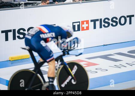 Ontario, Kanada. 21. April 2023. Foto von Alex Whitehead/SWpix.com - 21/04/2023 - Radfahren - Tissot UCI Track Nations Cup, Runde 3: Milton - Mattamy National Cycling Centre, Ontario, Kanada - Men’s Team Pursuit First Round - Tissot Branding. Kredit: SWpix/Alamy Live News Stockfoto