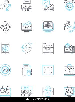 Linearer Symbolsatz für direkten Verkehr. Besucher, Organisch, Unbezahlt, Gezielt, Empfehlung, Suche, Vektor der Markenlinie und Konzeptzeichen. Direkt, Emotionale Mitarbeiterbindung Stock Vektor