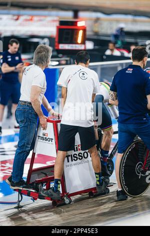 Ontario, Kanada. 21. April 2023. Foto von Alex Whitehead/SWpix.com - 21/04/2023 - Radfahren - Tissot UCI Track Nations Cup, Runde 3: Milton - Mattamy National Cycling Centre, Ontario, Kanada - Tissot Branding Credit: SWpix/Alamy Live News Stockfoto