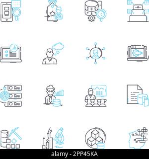 Untersuchen Sie den Satz linearer Symbole. Analysieren, Forschung, Prüfen, Sondieren, Studie, Suchen, Linienvektor und Konzeptzeichen prüfen. Analysieren, Graben, Modellstruktur untersuchen Stock Vektor