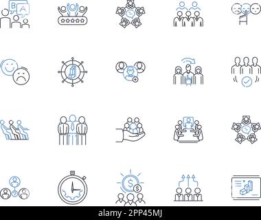 Kollektion mit Liniensymbolen des Koordinationsteams. Synergie, Zusammenarbeit, Kommunikation, Effizienz, Integration, Planung, Organisationsvektor und linear Stock Vektor
