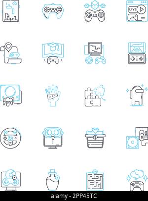 Lineare Symbole für Inhaltsmedien festgelegt. Bloggen, Podcasts, Videos, Infografiken, Bilder, Soziale Medien, Artikel Linienvektor und Konzeptzeichen. Webinare Stock Vektor