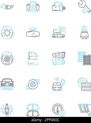 Kaufen Sie einen Satz linearer Fahrzeugsymbole. Fahrzeug, Auto, Auto, Kaufen, Einkaufen, Finanzierung, Leasinglinienvektor und Konzeptzeichen. Darlehen, Händlerbetrieb, Inzahlungnahme Stock Vektor