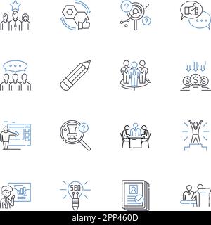 Sammlung von Symbolen für die Zeile „Publikumsbindung“. Interaktion, Beteiligung, Feedback, Dialog, Beteiligung, Kommunikation, Beziehungsvektor und linear Stock Vektor