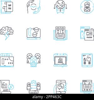 Lineare Symbole der PPC-Agentur festgelegt. Werbung, Analyse, Gebot, Click-Through-Rate, Conversion, Cost-per-Click, Datensatz-Linienvektor und Konzeptzeichen Stock Vektor