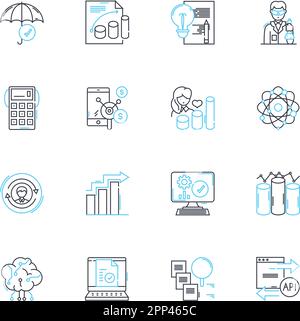 Lineare Symbole für Tests und Experimente festgelegt. Analyse, Simulation, Prüfung, Prototyp, Validierung, Hypothese, Beobachtungslinienvektor und Stock Vektor