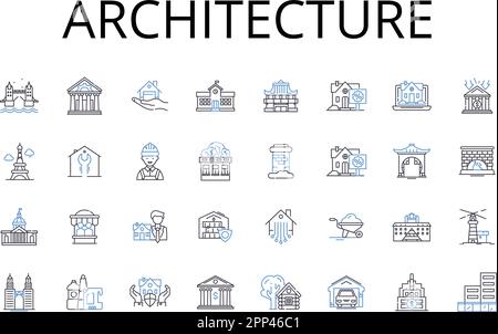 Sammlung der Liniensymbole der Architektur. Engineering, Gebäude, Entwurf, Planung, Konstruktion, Layout, Strukturvektor und lineare Darstellung Stock Vektor