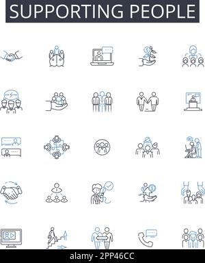 Sammlung unterstützender Symbole für Personenlinien. Anderen helfen, Einzelpersonen helfen, der Menschheit helfen, Menschen ermutigen, Einzelpersonen befähigen Stock Vektor