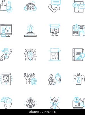 Linearer Symbolsatz für Marketingpläne. Strategie, Budget, Ziele, Forschung, Taktik, Targeting, Vektor und Konzeptschilder für Branding-Linien. Kanäle, Publikum Stock Vektor