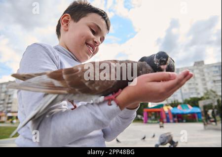 Ein bezaubernder Junge füttert Felsentauben, die auf seinen Händen sitzen, lächeln, positive Emotionen ausdrücken, während er sich mit Tieren verbindet, die auf der Straße gehen. Das c Stockfoto