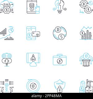 Lineares Symbolset für den Start von Digital Banking. FinTech, Neo-Banking, Mobile Banking, Online-Banking, E-Wallet, Blockchain, Kryptowährungslinienvektor und Stock Vektor