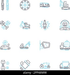 Motor zeigt lineare Symbole eingestellt. Brille, Autos, Motoren, Geschwindigkeit, Leistung, Technologie, Innovation Line Vector und Concept Signs. Luxus, Stil, Design Stock Vektor