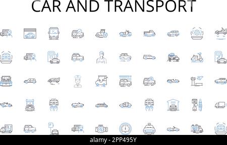 Icons-Kollektion für Autos und Transportlinien. Gastgewerbe, Einzelhandel, Logistik, Gesundheitswesen, Banken, Versicherung, Transportvektor und lineare Darstellung Stock Vektor