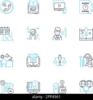 E-Learning – Satz linearer Symbole. Digital, Online, Bildung, Virtuell, Lernen, Unterweisung, Kursunterlagen, Linienvektor und Konzeptschilder. Lehrplan Stock Vektor