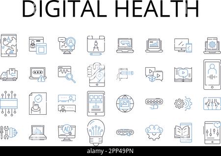 Sammlung von Symbolen für digitale Gesundheitsleitungen. E-Commerce, soziale Medien, mobiles Banking, Finanztechnologie, künstliche Intelligenz, Online-Schulung, Cloud Stock Vektor