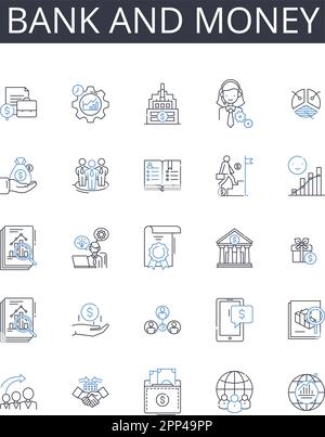 Symbolsammlung für Bank- und Geldlinien. Finanzinstitut, Bargeld, Finanzen, Vermögen, Kapital, Investition, Fondsvektor und lineare Darstellung. Währung Stock Vektor