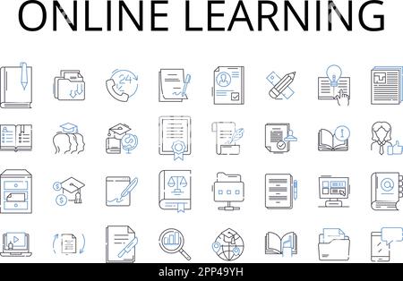 Symbolsammlung für den Online-Lernbereich. E-Learning, webbasiert, interaktiver Unterricht, Fernunterricht, virtuelle Klassenzimmer, Digitale Anweisung Stock Vektor