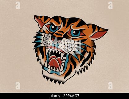 Altmodischer Tattoo-Kunststil, der einen tosenden Tigerkopf auf alten Papierhintergrund malt Stockfoto