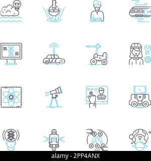 Technologie für maschinelles Lernen, lineare Symbole gesetzt. Algorithmen, Vorhersagen, Daten, Automatisierung, Neuronale, Optimierung, Intelligenzlinienvektor und Konzept Stock Vektor
