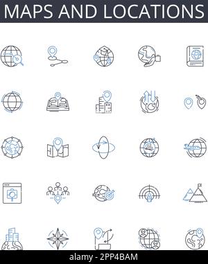 Sammlung der Liniensymbole für Karten und Standorte. Kartografie, Geolokalisierung, Topographie, Atlas, Navigation, Terrain, Geocaching-Vektor und lineare Darstellung Stock Vektor