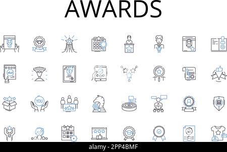 Symbolsammlung für Awards-Positionen. Auszeichnungen, Preise, Trophäen, Prämien, Auszeichnungen, Unterscheidungen, Leistungsvektor und lineare Darstellung. Verdienste, Medaillen Stock Vektor