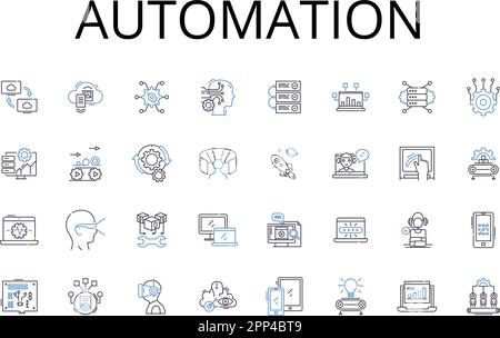 Symbolsammlung für Automatisierungslinien. Mechanisierung, Innovation, Modernisierung, Digitalisierung, Computerisierung, Optimierung, Rationalisierung von Vektoren und Stock Vektor