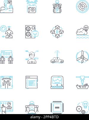 Lineare Symbole für fliegende Roboter gesetzt. Drs, Quadcopter, Hovercraft, Helikopter, Unbemannt, Fluglinienvektor und Konzeptzeichen. Robotik Stock Vektor