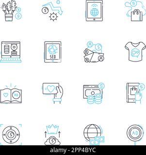 Klicken Sie auf die lineare Symbolgruppe des Einkaufszentrums. Einkaufen, Einzelhandel, Mode, Verkauf, Rabatte, Schnäppchen, Markenlinienvektor und Konzeptschilder. Boutique, Lebensmittel Stock Vektor