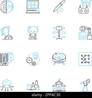 Lineare Symbole für elektronische Maschinen. Schaltkreise, Computerisierung, Automatisierung, Robotik, Sensoren, Transistoren, Mikroprozessoren, Linienvektor und Konzept Stock Vektor