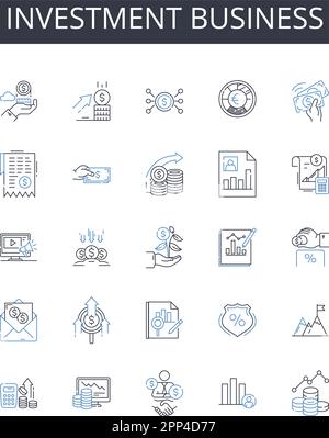 Symbolsammlung für den Geschäftsbereich „Investitionen“. Finanzbranche, Handelsmarkt, Wirtschaftssektor, Kapitalunternehmen, freiwilliger Handel, Finanztätigkeit, Bankwesen Stock Vektor