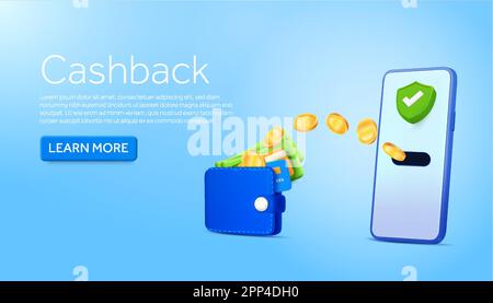 3D Münzen, die mit Debit-Kreditkarten vom Handy zur Brieftasche fliegen. Cashback. Bannerdesign-Konzept für Online-Werbung, E-Commerce, Shopping, Werbung. 3D-Vektordarstellung. Vektordarstellung Stock Vektor