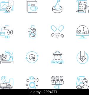Lineare Symbole für Steuergesetze festgelegt. Abzüge, Befreiungen, Gutschriften, Einkommen, Rücksendungen, Erstattungen, Linienvektor und Konzeptzeichen. Einreichungen, Audits, Strafen Stock Vektor