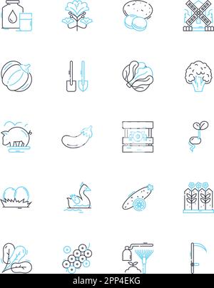 Linearer Symbolsatz für Landwirtschaftstechnik. Bewässerung, Boden, Ernte, Erntegut, Traktor, Schilder für Milchprodukte, Landwirtschaftslinien und Konzepte. Bewässerungsgerät Stock Vektor