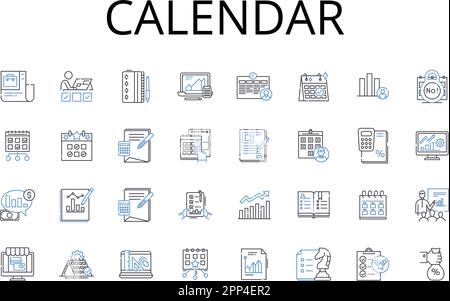 Sammlung mit Symbolen für Kalenderzeilen. Zeitplan – Agenda, Zeitstück – Uhr, Notizblock – Notizbuch, Journal – Terminkalender, Ereignis – Anlass, Countdown – Timer Stock Vektor