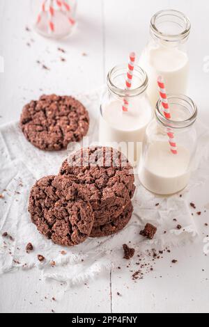 Hausgemachte braune Kekse mit Schokolade und Nüssen. Schokoladenkekse mit Milch. Stockfoto