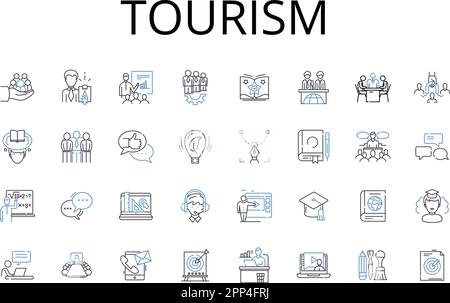 Tourism Line Icons Kollektion. Reisebranche, Urlaubsgeschäft, Gastgewerbe, Sightseeing-Markt, Exkursionsgeschäft, Freizeitindustrie Stock Vektor