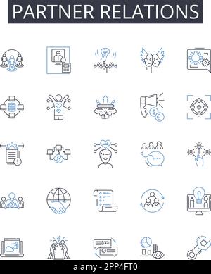 Sammlung der Zeilensymbole für Partnerbeziehungen. Stift, Stift, Marker, Textmarker, Stifte, Kreide, Holzkohlevektor und lineare Darstellung. Pinsel, Quill Stock Vektor