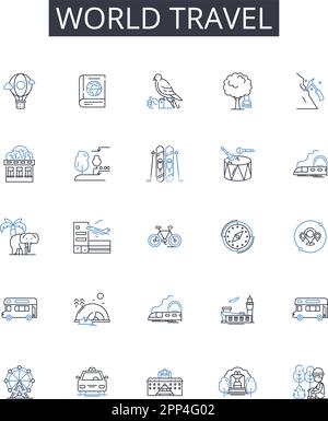 World Travel Line Icons Kollektion. Global Journey, Overseas Adventure, Wanderlust Tourismus, Intercontinental Exploration, rund um den Globus Stock Vektor