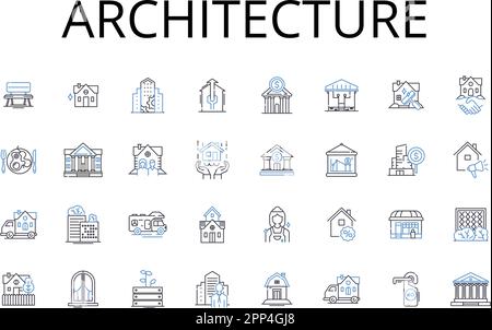 Sammlung der Liniensymbole der Architektur. Engineering, Gebäude, Entwurf, Planung, Konstruktion, Layout, Strukturvektor und lineare Darstellung Stock Vektor