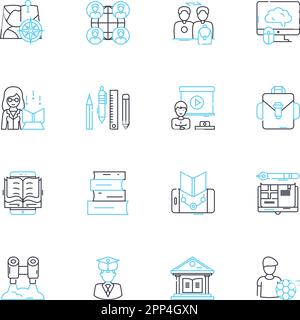 Lineare Symbole für Online-Schulungen. E-Learning, Webinar, Fernunterricht, MOOCs, virtuelle Klassenzimmer, EdTech, Online-Klassen Linienvektor und Konzept Stock Vektor