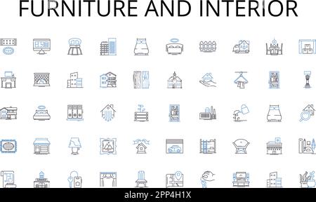 Kollektion von Möbeln und Ikonen der Innenlinie. Hierarchie, Abteilungsverwaltung, Zentralisierung, Dezentralisierung, Integration, Segmentierung, Funktional Stock Vektor