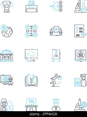 Lineare Symbole für High-Tech-Bildungseinrichtungen. Innovativ, Smartboards, virtuell, innovativ, interaktiv, Robotik, erweiterter Linienvektor und Stock Vektor