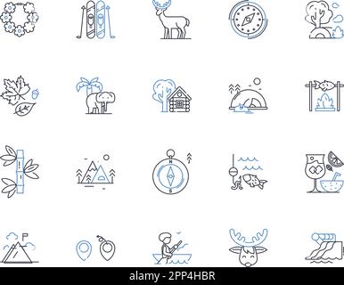 Arktische Tundra Exkursion Line Icons Sammlung. Eis, Schnee, Permafrost, Wildtiere, Aurora, Abenteuer, Gletschervektor und lineare Illustration. Expedition Stock Vektor
